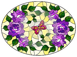 Stained glass illustration with  flowers and leaves and pink butterfly on a yellow background, oval image